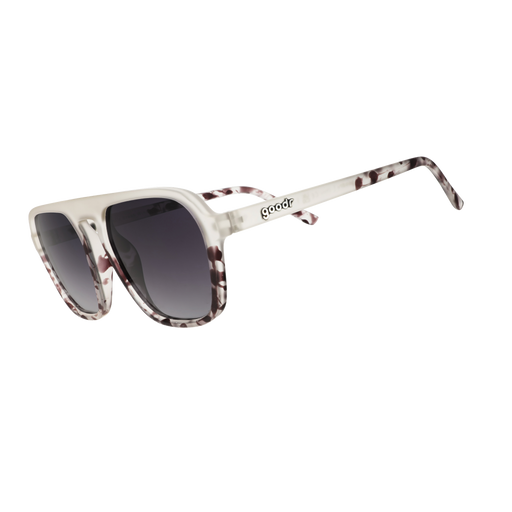 Front view of translucent gray retro aviator sunglasses with a dark tonal pattern and black gradient lenses.