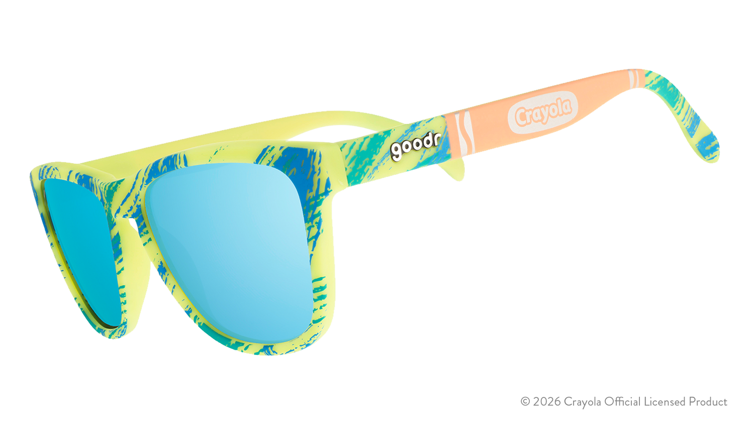 Side view of Crayola x goodr UV-activated Confetti Colors sunglasses with light blue reflective lenses.