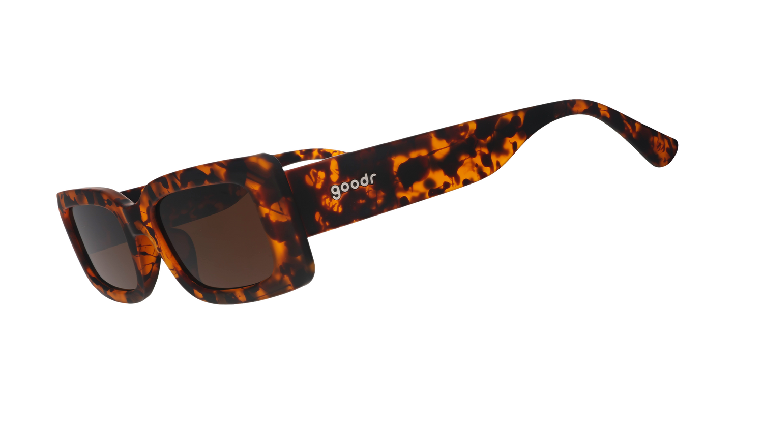 Three-quarter angle view of tortoiseshell rectangular sunglasses with brown polarized lenses against a white background.