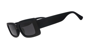Three-quarter angle view of black rectangular sunglasses with black polarized lenses against a white background.