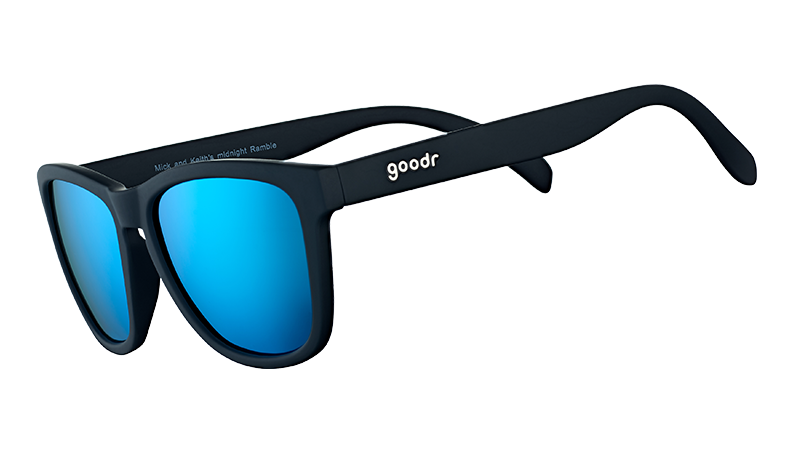 Three-quarter angle view of square-shaped black sunglasses with polarized reflective blue lenses.