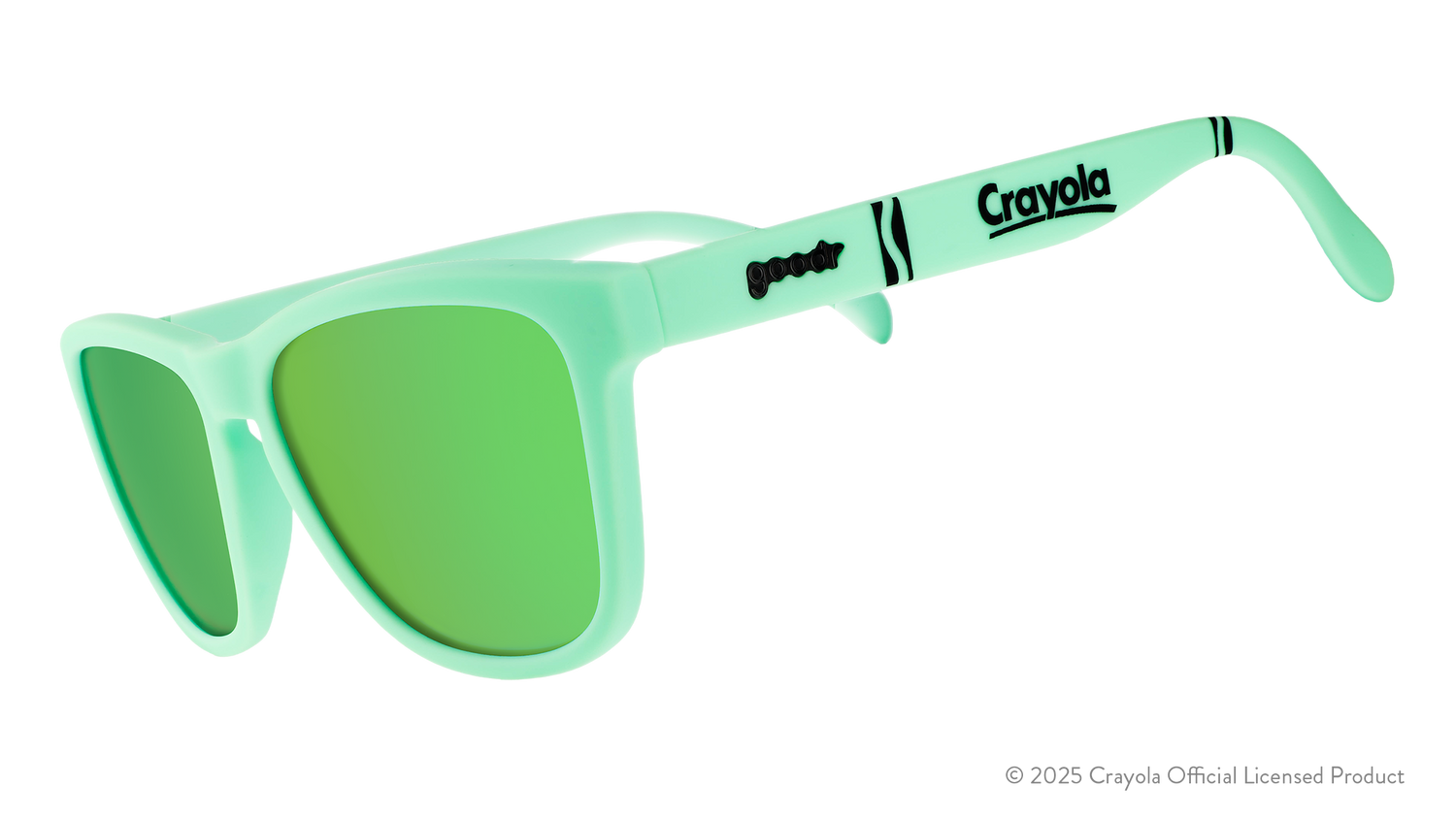 Three-quarter angle view of Magic Mint-colored green Crayola sunglasses with green lenses