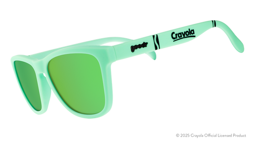 Three-quarter angle view of Magic Mint-colored green Crayola sunglasses with green lenses