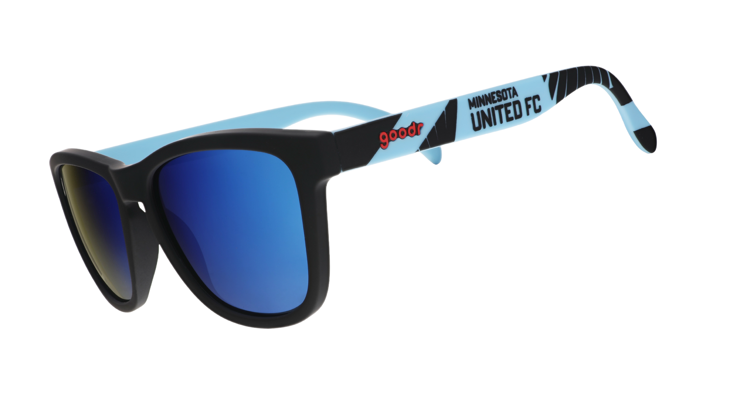 Three-quarter angle view of Major League Soccer Minnesota United FC shades. Blue+black frames. Blue reflective lenses.