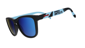 Three-quarter angle view of Major League Soccer Minnesota United FC shades. Blue+black frames. Blue reflective lenses.