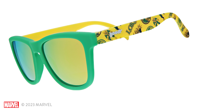 Mischief Makers | Green and yellow frames with Marvel Comics Villian Loki print ith yellow reflective lenses | Licensed Collectible Marvel goodr sunglasses
