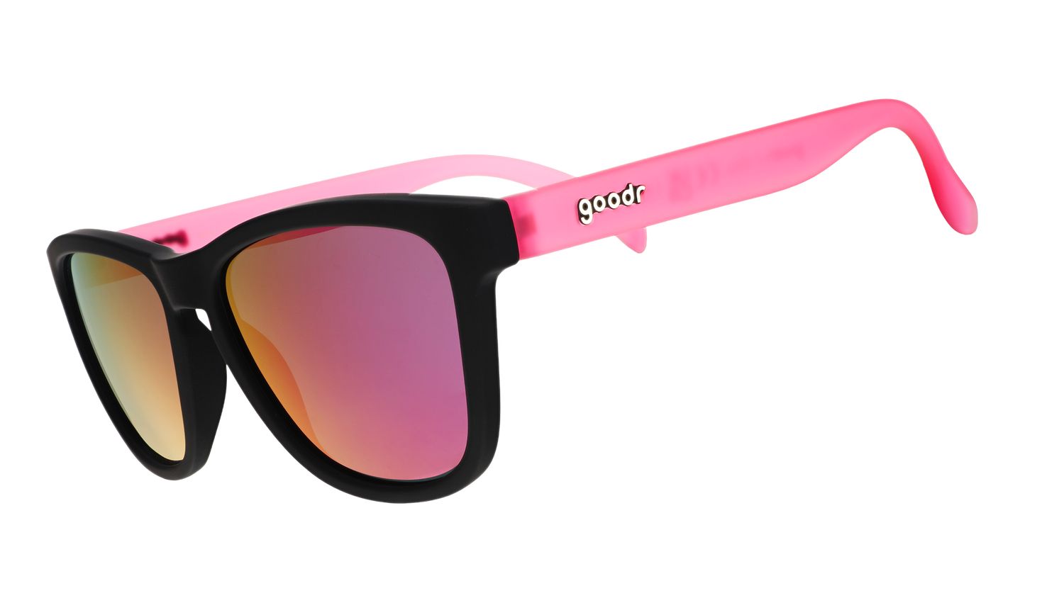 Three-quarter angle view of black and pink sunglasses with reflective pink lenses and goodr logo.