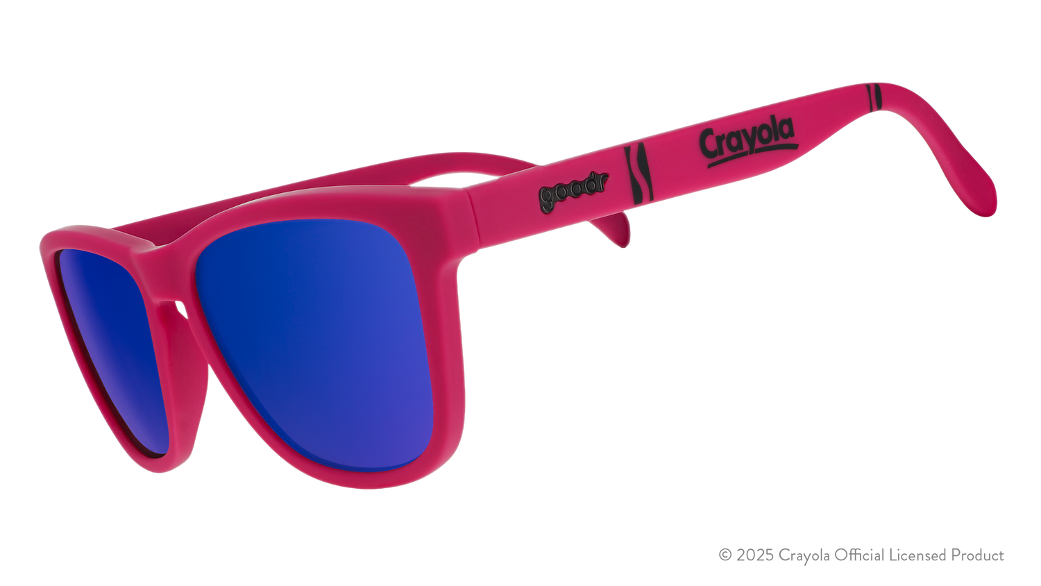 Three-quarter angle view of Mulberry-colored Crayola sunglasses with blue lenses