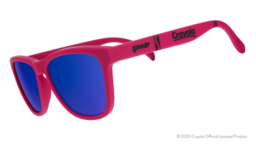 Three-quarter angle view of Mulberry-colored Crayola sunglasses with blue lenses