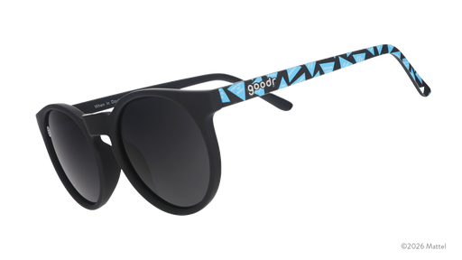 Three-quarter angle view of black Circle G sunglasses featuring classic Magic 8 Ball responses on the arms.