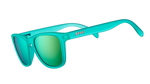 Three-quarter angle view of square-shaped teal sunglasses with teal reflective polarized lenses.