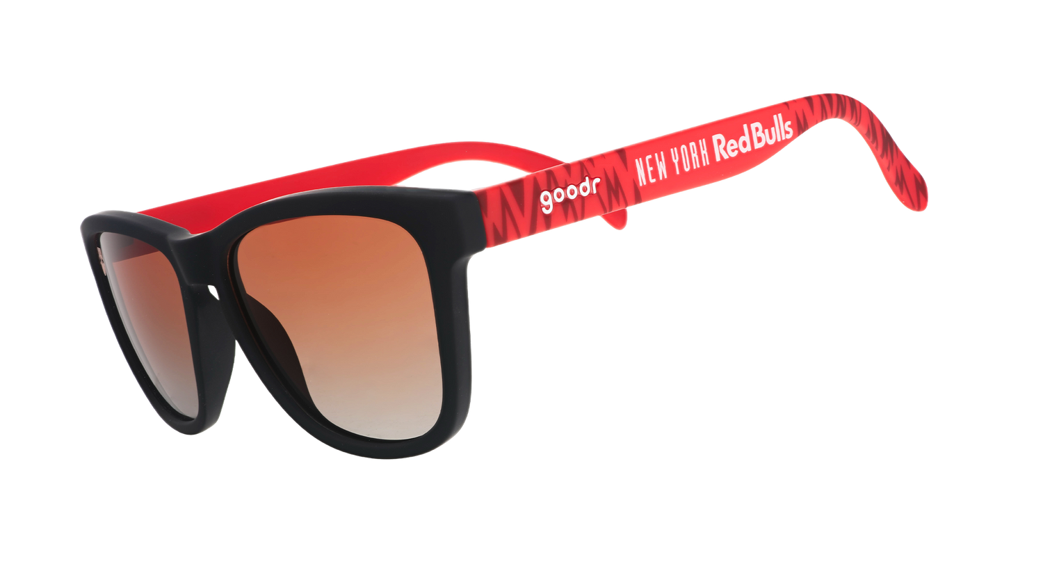 Three-quarter angle view of MLS New York Red Bulls shades tilted down. Red+black frames. Orange+gold gradient lenses.