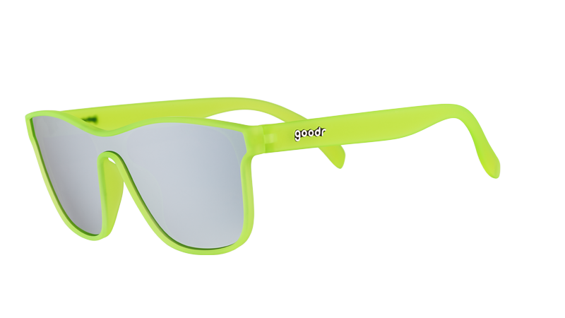 Three-quarter angle view of square neon green sunglasses with a single mirrored chrome lens.