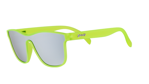 Three-quarter angle view of square neon green sunglasses with a single mirrored chrome lens.