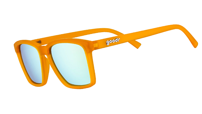 Three-quarter angle view of small square-shaped orange sunglasses with mirrored reflective lenses.