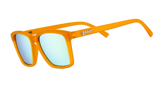 Three-quarter angle view of small square-shaped orange sunglasses with mirrored reflective lenses.
