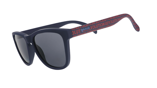 Three-quarter angle view of MLS New England Revolution shades tilted down. Black+red frames. Black non-reflective lenses.