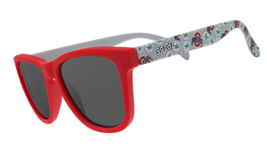 Sunglasses with a bright red frame and dark lenses, paired with white arms adorned with Ohio-themed designs in green and red.