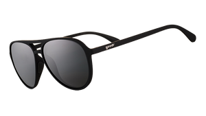 Three-quarter angle view of black aviator sunglasses with black non-reflective lenses.