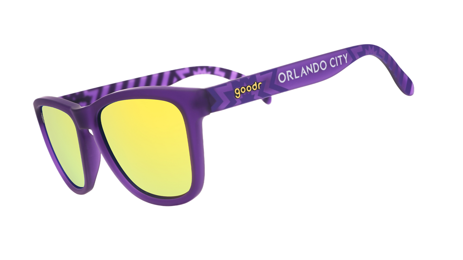 Angled view of shades tilted down. Purple frames w/ stripes + Orlando City on temples. Violet reflective lenses.