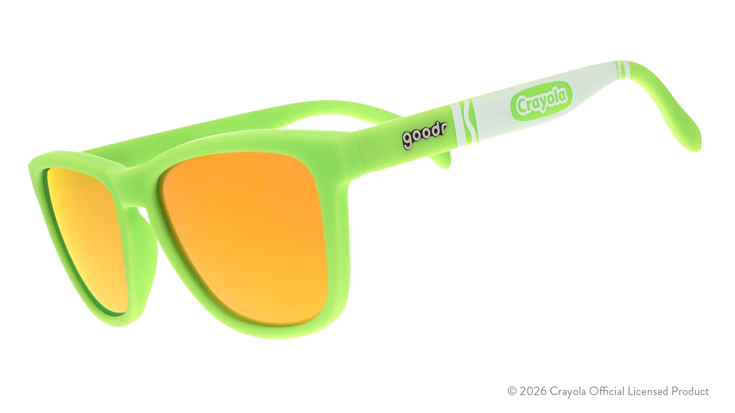 Three-quarter angle view of yellow green sunglasses w/ white Crayola marker pattern+green yellow reflective lenses.