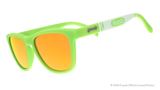 Three-quarter angle view of yellow green sunglasses w/ white Crayola marker pattern+green yellow reflective lenses.