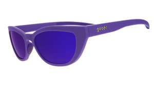 Three-quarter angle view of a pair of deep purple cat-eye Cheetah G sunglasses with purple reflective lenses.