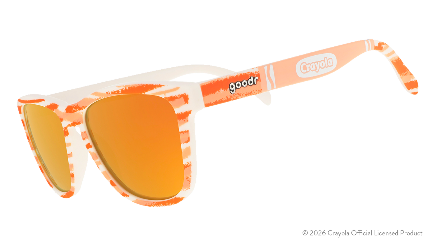 Side view of Crayola goodr UV-activated Party Fish sunglasses with bone-to-magenta frames and amber reflective lenses.