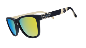 Three-quarter angle view of Major League Soccer Philadelphia Union shades. Navy+gold frames. Gold reflective lenses.