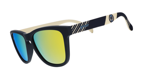 Three-quarter angle view of Major League Soccer Philadelphia Union shades. Navy+gold frames. Gold reflective lenses.