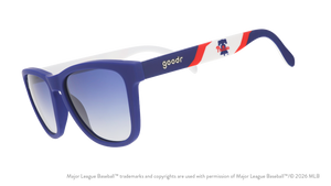 Three-quarter angle view of blue, red, and white Phillies sunglasses featuring the Liberty Bell logo on the arm.