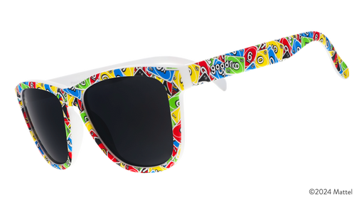 Three-quarter view of sunglasses featuring a lively, all-over colorful print of UNO game cards.