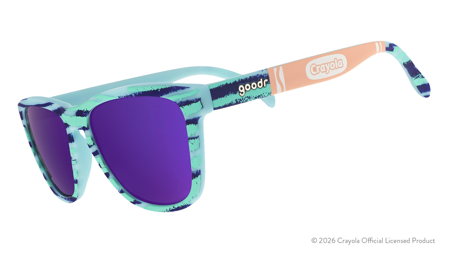 Side view of Crayola goodr UV-activated sunglasses with green and purple frames and purple reflective lenses.