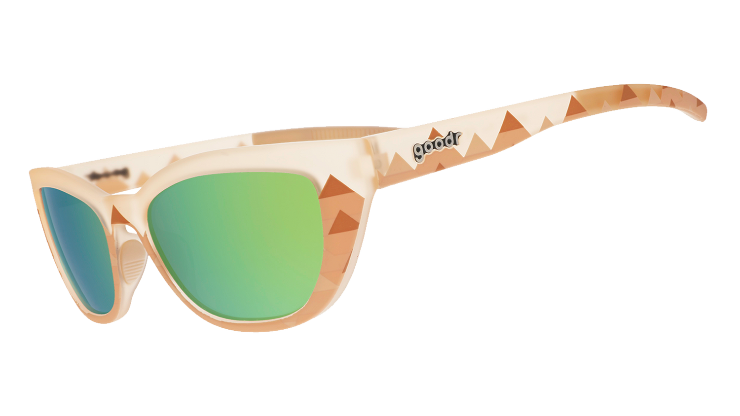 Side view of light brown sunglasses with pyramid-inspired geometric patterns and green lenses.