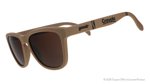 Three-quarter angle view of Raw Umber-colored Crayola sunglasses with dark brown lenses