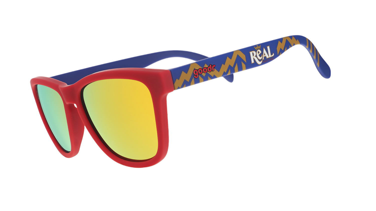Three-quarter angle view of MLS Real Salt Lake frames tilted down. Red+blue patterned frames. Amber reflective lenses.