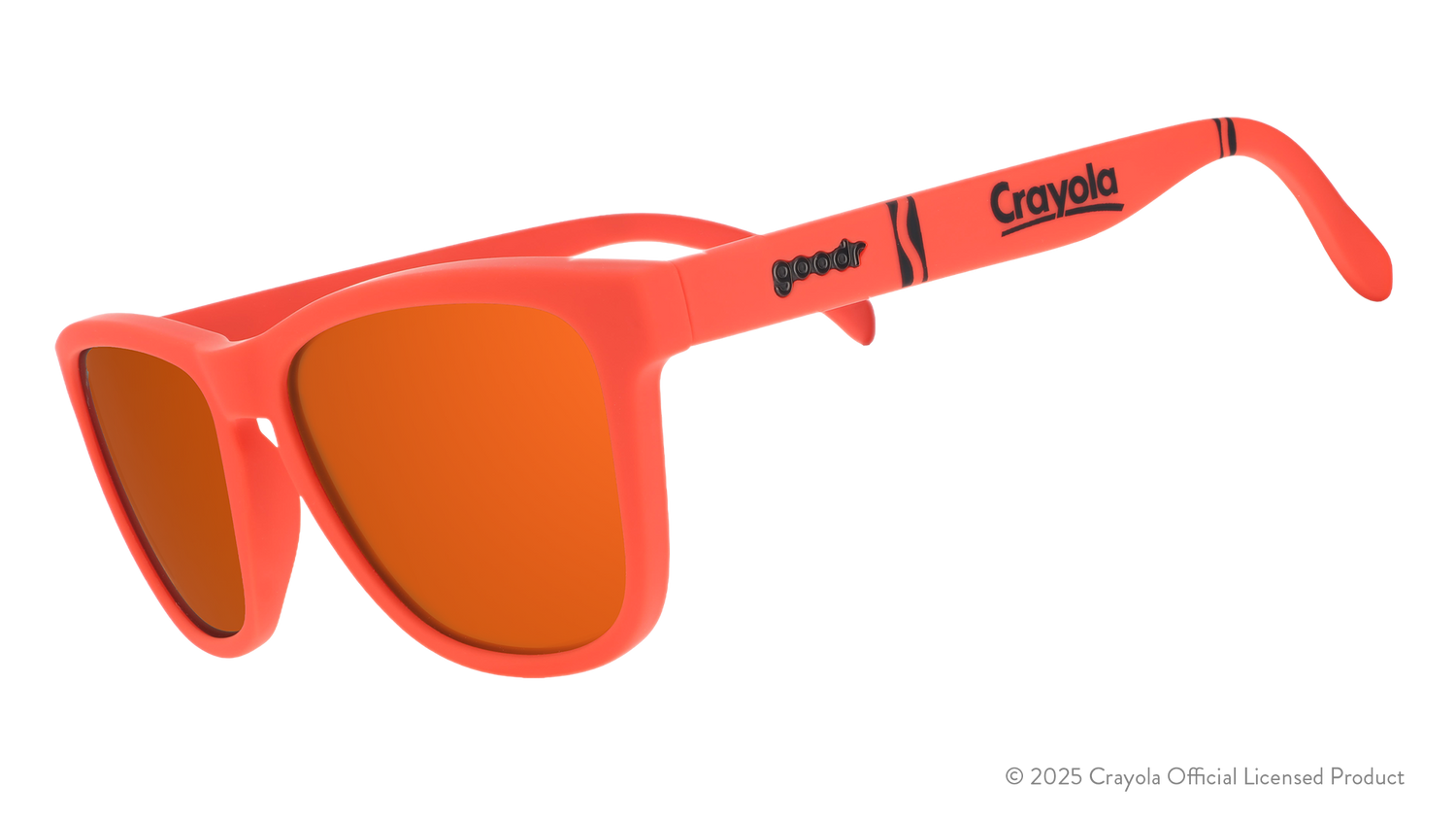 Three-quarter angle view of Orange Red Crayola sunglasses with orange lenses.