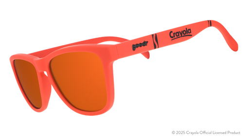 Three-quarter angle view of Orange Red Crayola sunglasses with orange lenses.