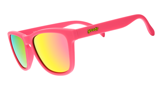 Three-quarter angle view of bright pink sunglasses with pink reflective polarized lenses inspired by antacid relief meds.