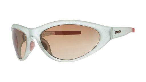 Three-quarter angle view of
sparkly light blue glittery Bug Gs with amber gradient lenses