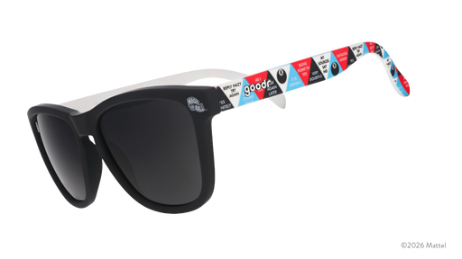Three-quarter-angle view of black sunglasses featuring classic Magic 8 Ball responses in a multicolored design on the arms.
