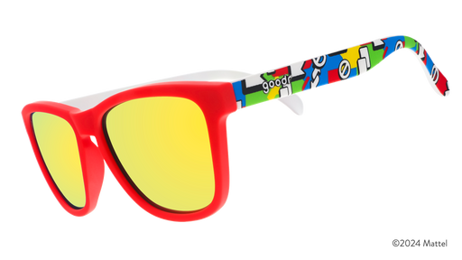 Three-quarter view of sunglasses featuring a design inspired by the Reverse Card from the popular card game UNO.