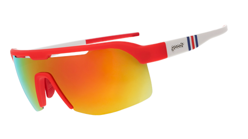 Three-quarter angle view of red + light gray sunglasses w/ tube sock pattern+burnt orange reflective lenses tilted down.