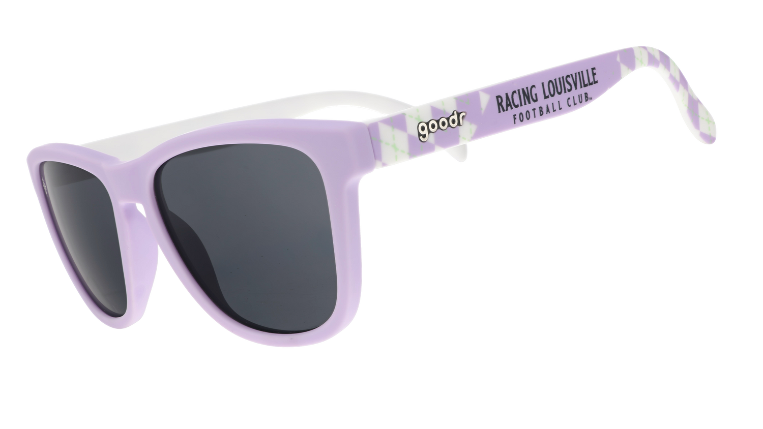 Three-quarter angle view of lavender and mint frames, featuring an argyle pattern, black lenses, and Racing Louisville Football Club logo.