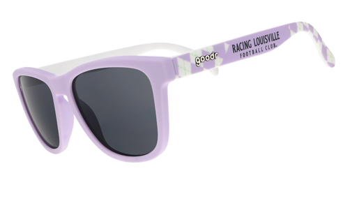 Three-quarter angle view of lavender and mint frames, featuring an argyle pattern, black lenses, and Racing Louisville Football Club logo.
