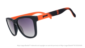 Three-quarter angle view of a pair of black and orange Giants sunglasses featuring the SF logo on the arm.