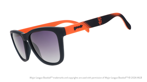 Three-quarter angle view of a pair of black and orange Giants sunglasses featuring the SF logo on the arm.
