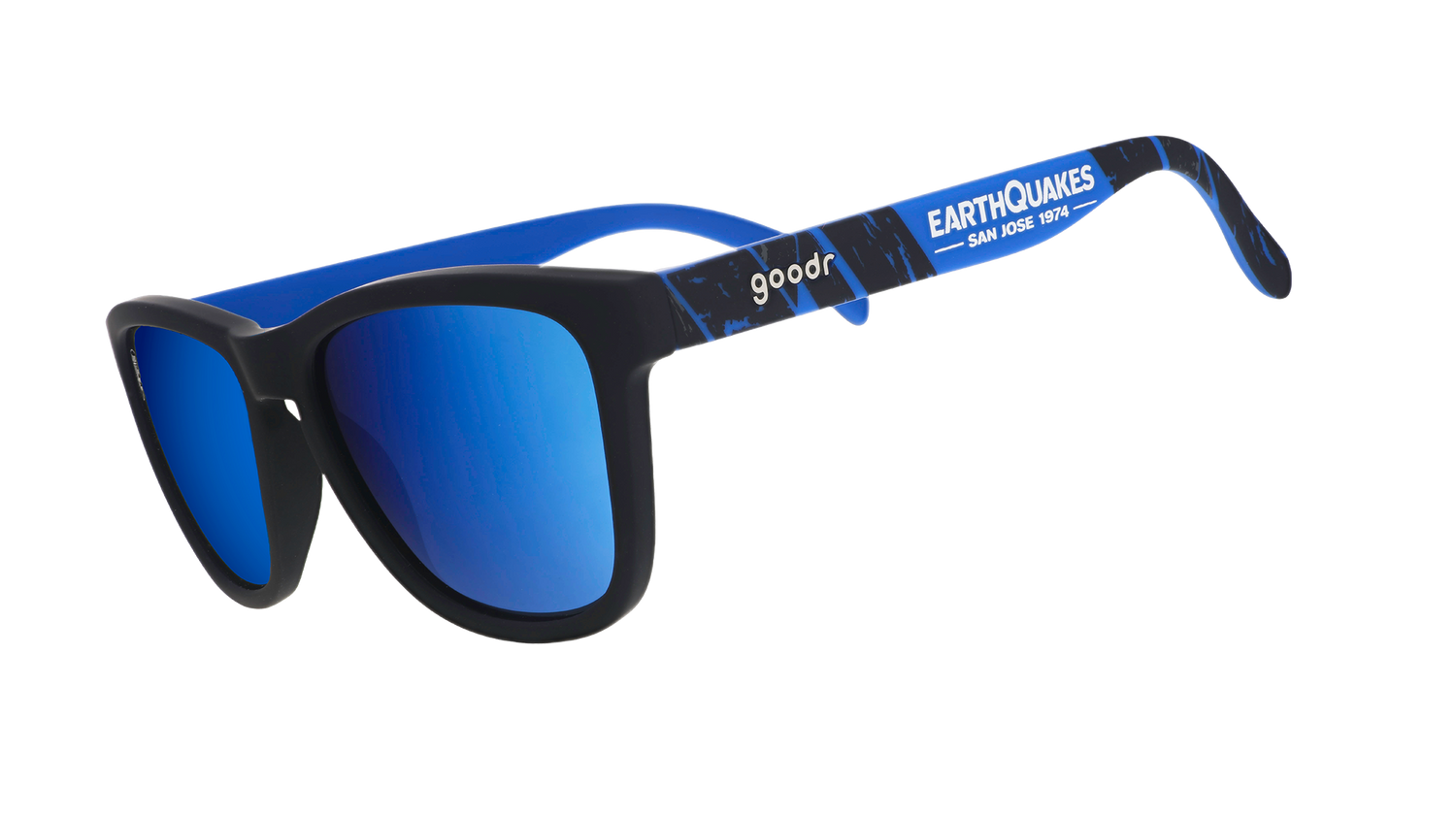 Three-quarter angle view of MLS San Jose Earthquakes shades tilted down. Black+blue frames. Blue reflective lenses.