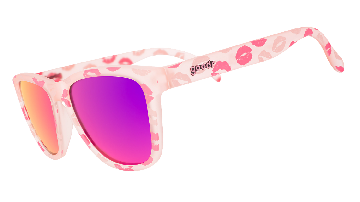 Three-quarter angle view of pale pink sunnies featuring rose reflective lenses and a flirty all-over-kiss print.