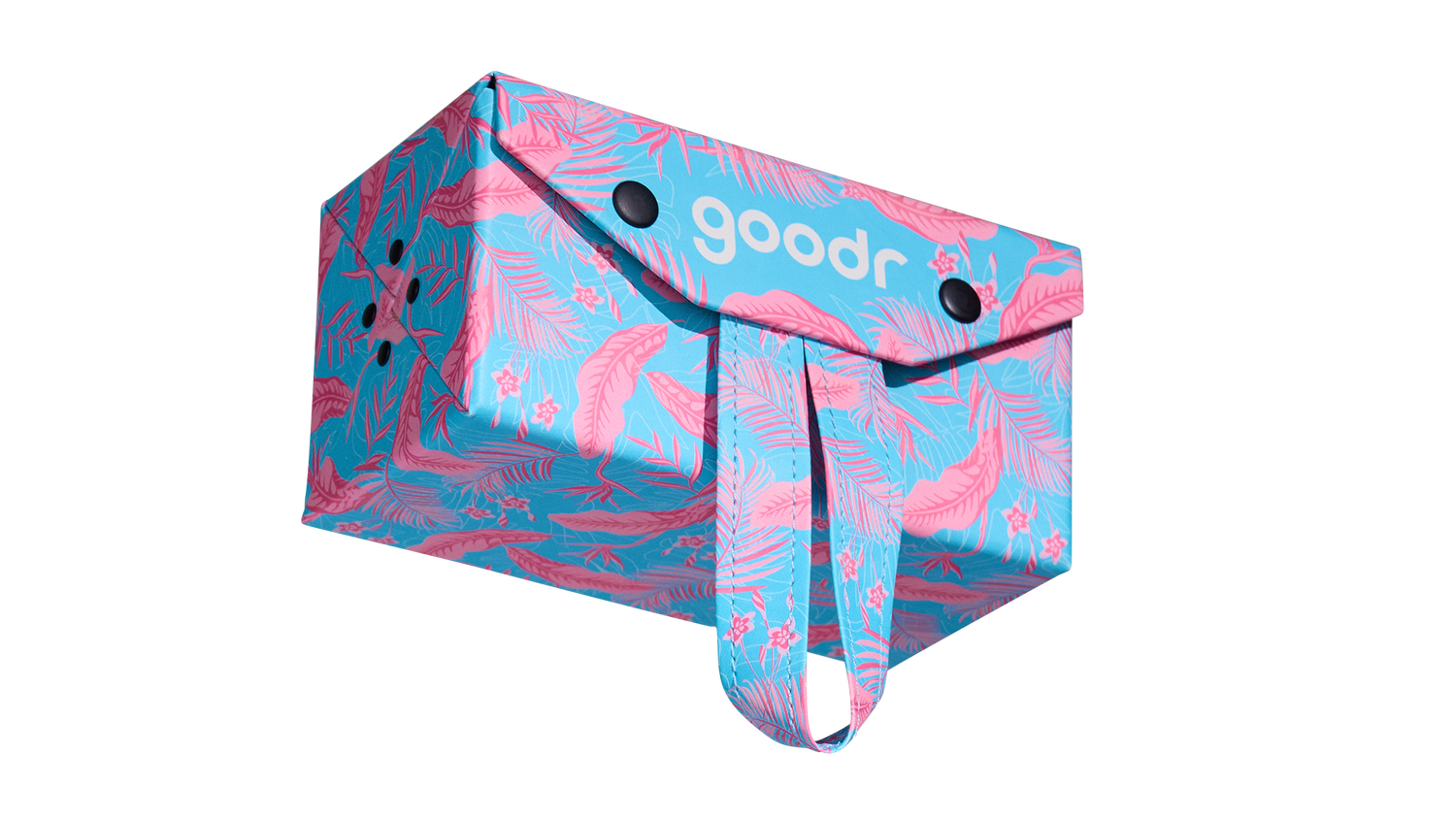 Three-quarter angle view of a rectangular hard cloth sunglasses case shot from below. The case features a tropical pink and blue fabric design.